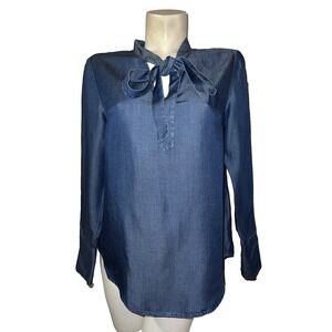 Michael Kors Womens Medium Blue Lyocell Chambray Tie Neck Bow Blouse LS Size M